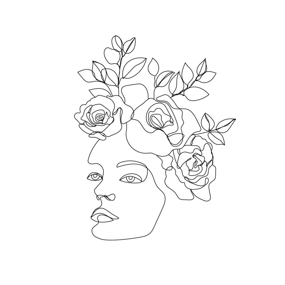 vector vrouw gezicht lijn kunst illustratie, logo met bloemen en bladeren, vrouwelijk natuur concept. gebruik voor prints, tatoeages, posters, textiel, logo's, kaarten enz. monoline, doorlopende lijn.