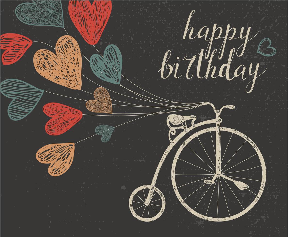 vector retro hand getekende schoolbord verjaardagskaart met fiets en ballonnen. harten, vintage stijl
