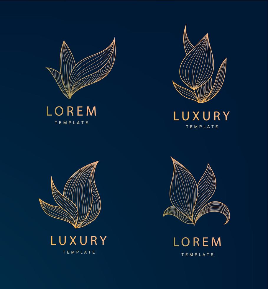 vector set luxe lotus, bladvormen, lineaire gouden logo's, symbolen, pictogrammen, afbeeldingen. gebruik voor cosmetica, spa, yoga, eco-producten, enz