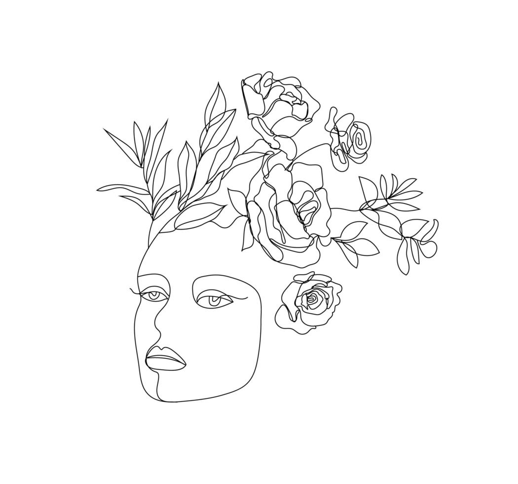 vector vrouw gezicht lijn kunst illustratie, logo met bloemen en bladeren, vrouwelijk natuur concept. gebruik voor prints, tatoeages, posters, textiel, logo's, kaarten enz. monoline, doorlopende lijn.