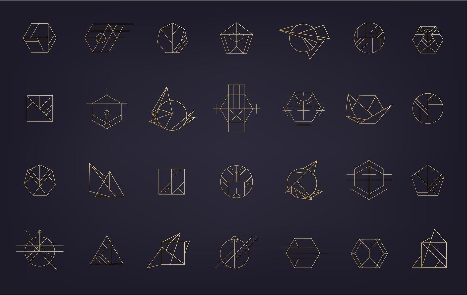 vector set van abstracte geometrische logo's. art deco, hipster, gouden lijnstijl. cirkel, driehoek, veelhoek lineaire vormen. azteekse, magische, esoterische iconen