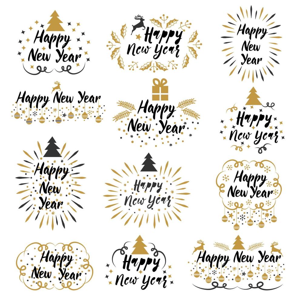 nieuwjaar goud zwarte kalligrafie belettering ontwerpset vector