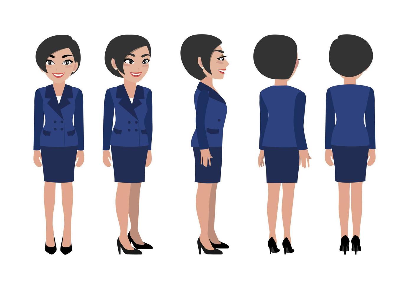 stripfiguur met zakenvrouw. voorkant, zijkant, achterkant, 3-4 weergave geanimeerd personage. platte vectorillustratie. vector
