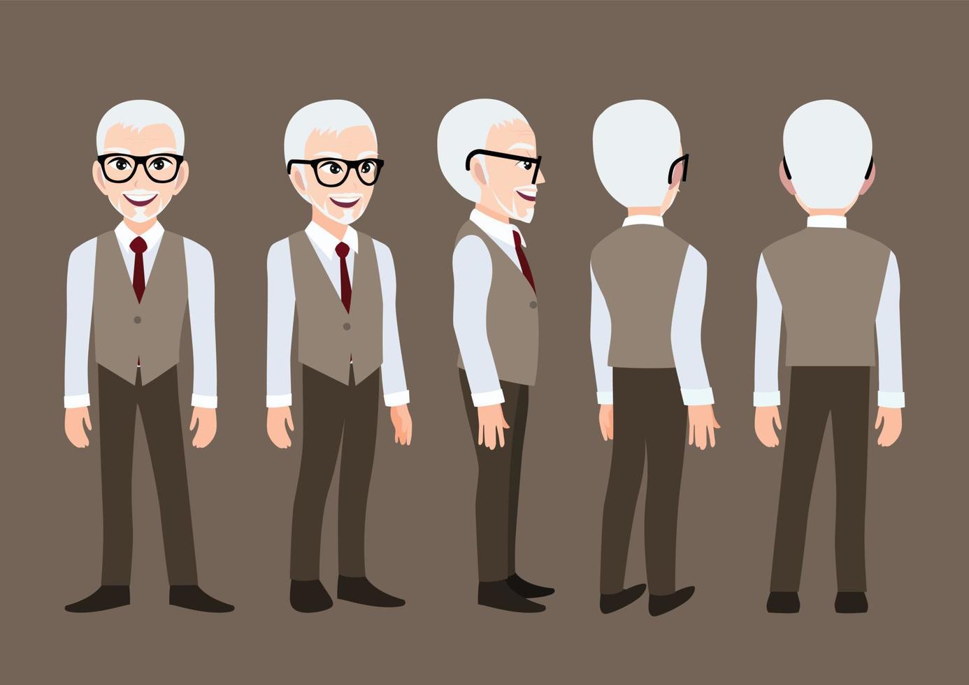 stripfiguur met zakenman. voorkant, zijkant, achterkant, 3-4 weergave geanimeerd personage. platte vectorillustratie. vector