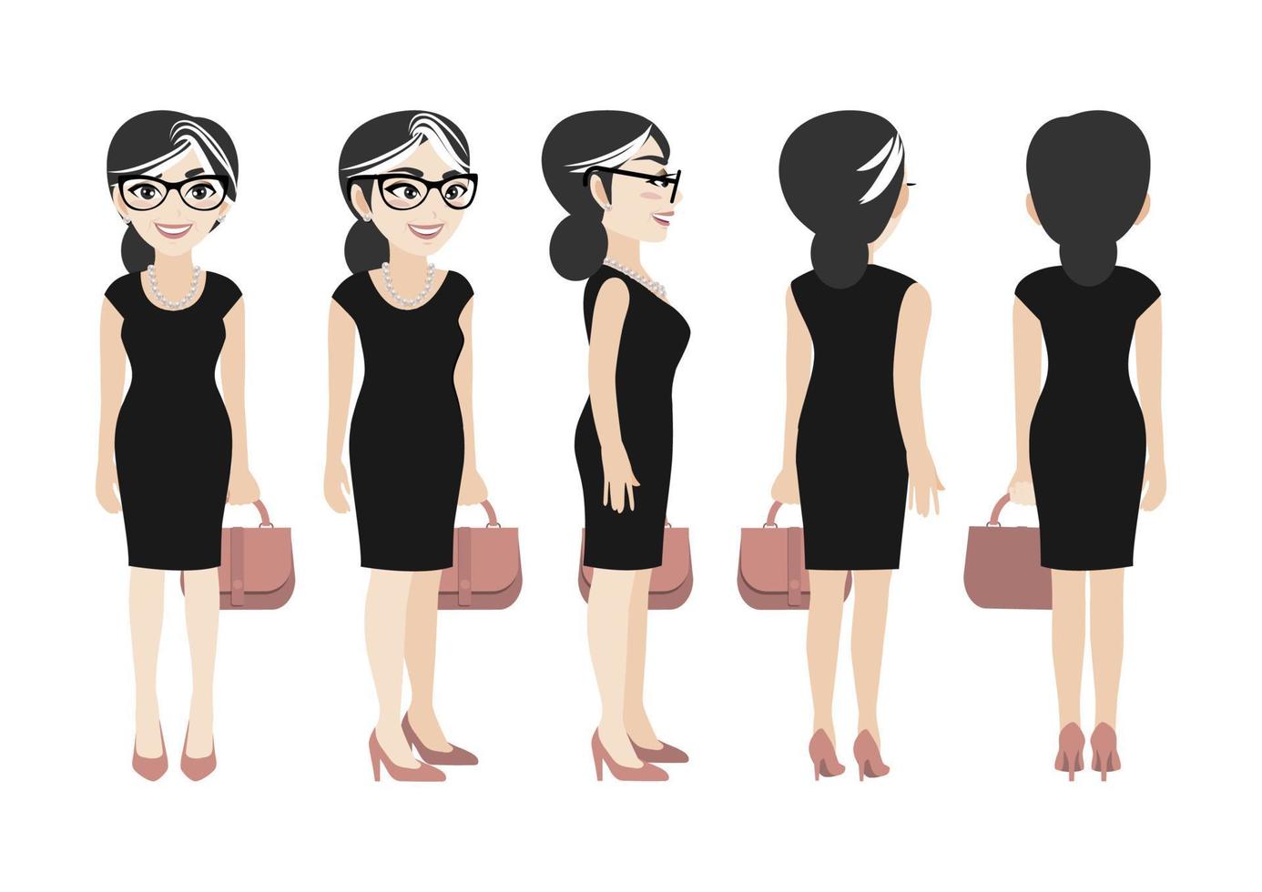 stripfiguur met zakenvrouw. voorkant, zijkant, achterkant, 3-4 weergave geanimeerd personage. platte vectorillustratie. vector