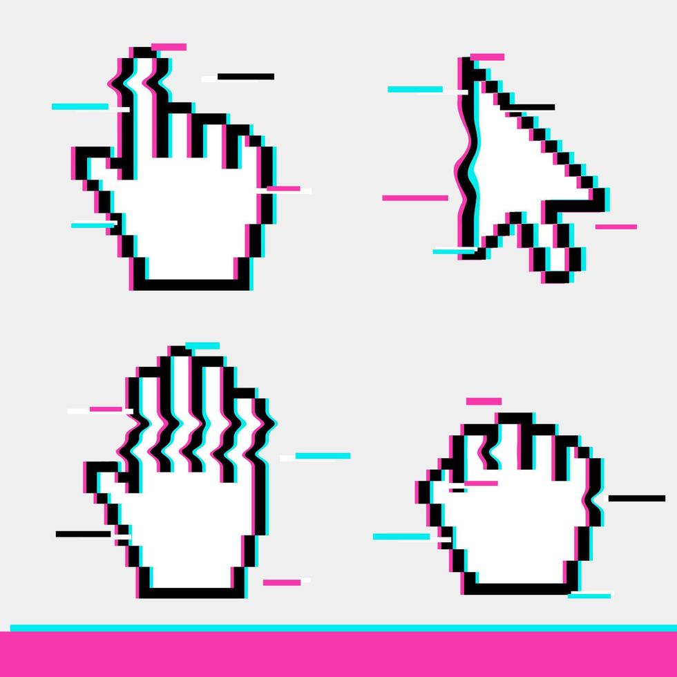 Pixel glitch muis hand en pijl cursor pictogram teken set vlakke stijl ontwerp vectorillustratie geïsoleerd op een witte achtergrond vector