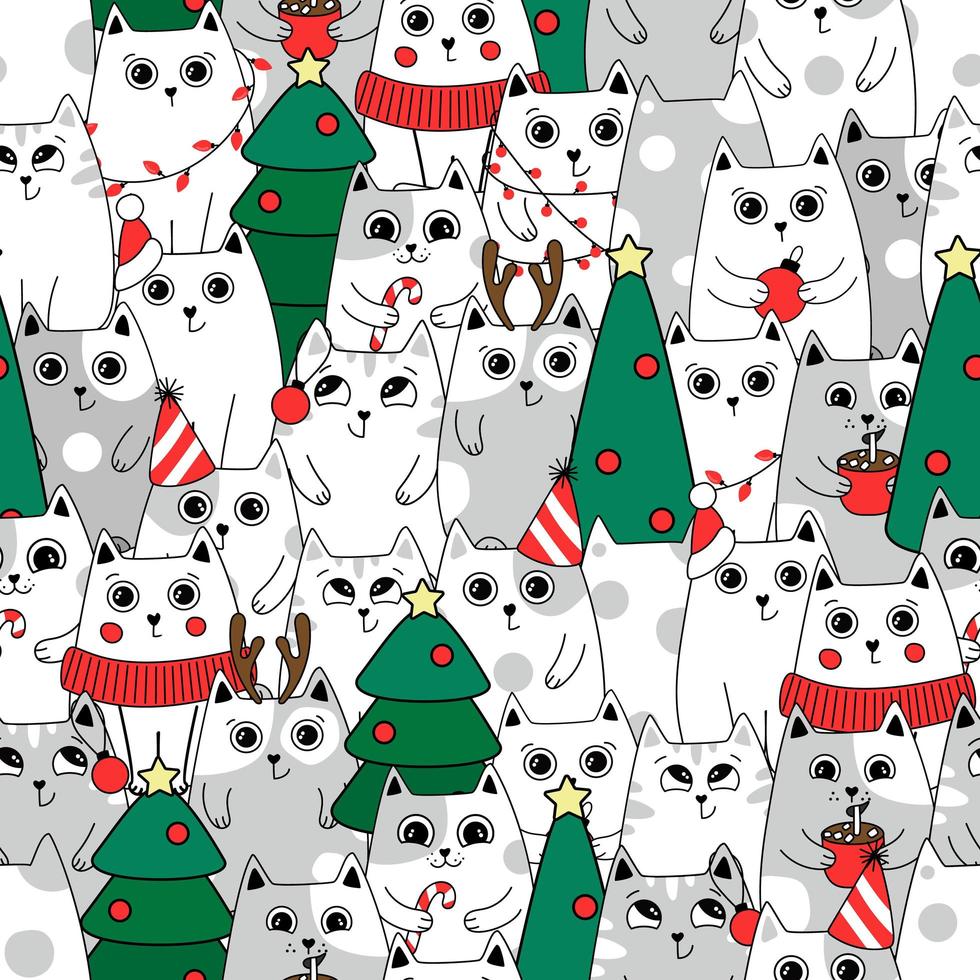 Kerst naadloze patroon achtergrond schattige kittens in de sneeuw voor de winter. doodle stijl vector