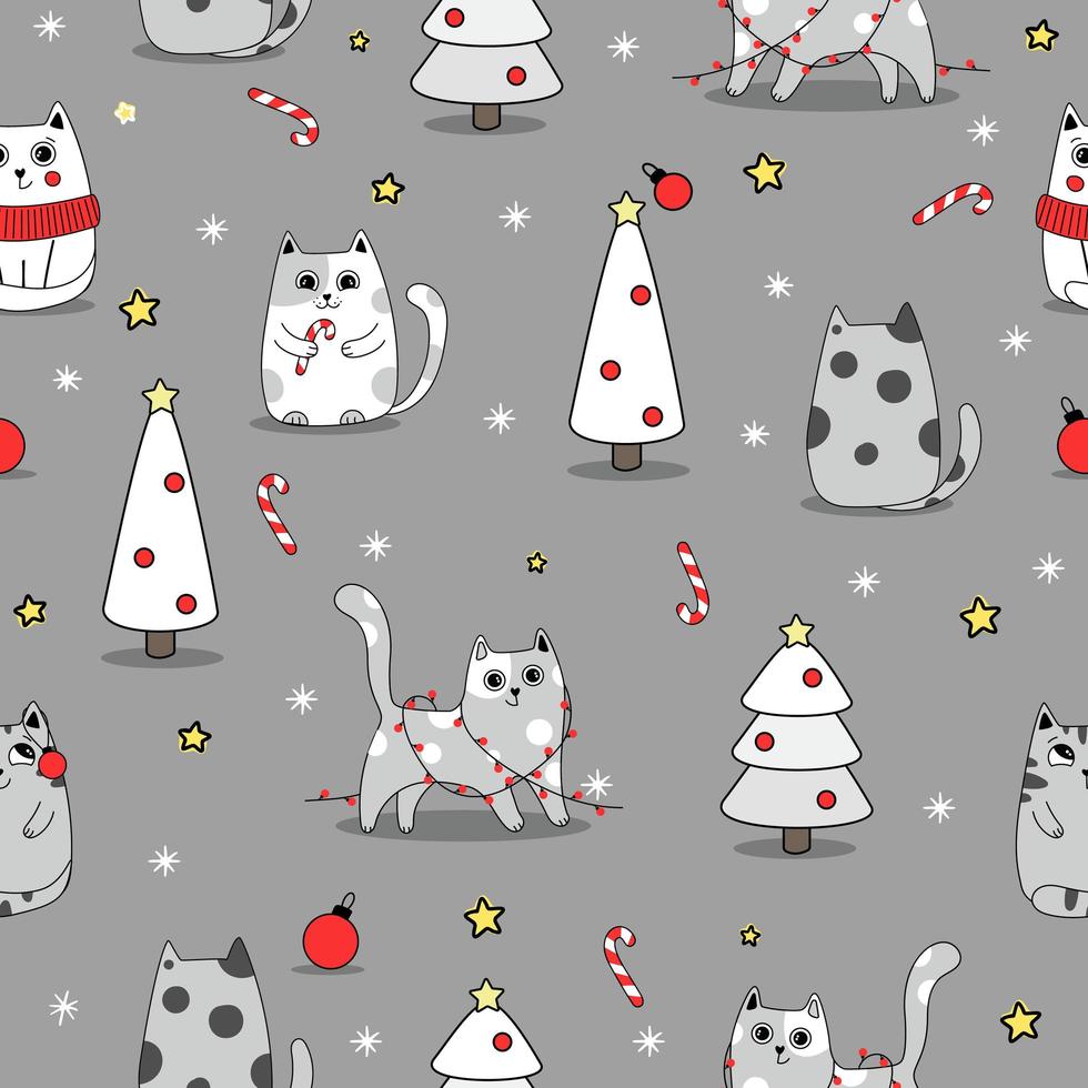 naadloze patroon achtergrond schattige kat in de sneeuw voor de winter. doodle stijl vector