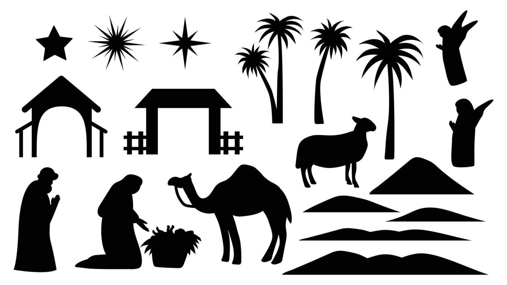 heilige nacht van geboorte van kind jezus christus silhouet scène uit religie christendom kerststal. bijbelse religieuze geschiedenis van katholieken. gesneden voor scrapbooking en afdrukken. vectorillustratie. vector