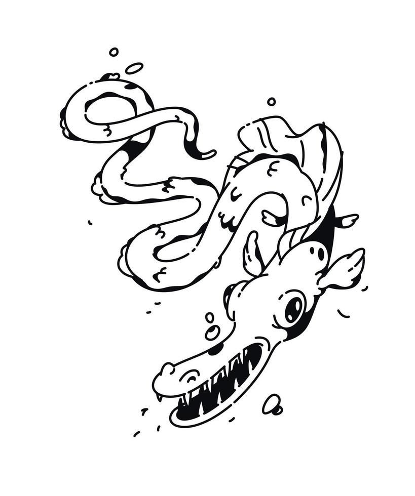 illustratie van een kwade cartoon vis. vector. lineaire tekening voor een tatoeage. bedrijfsmascotte voor het bedrijf. illustratie voor t-shirt. vector