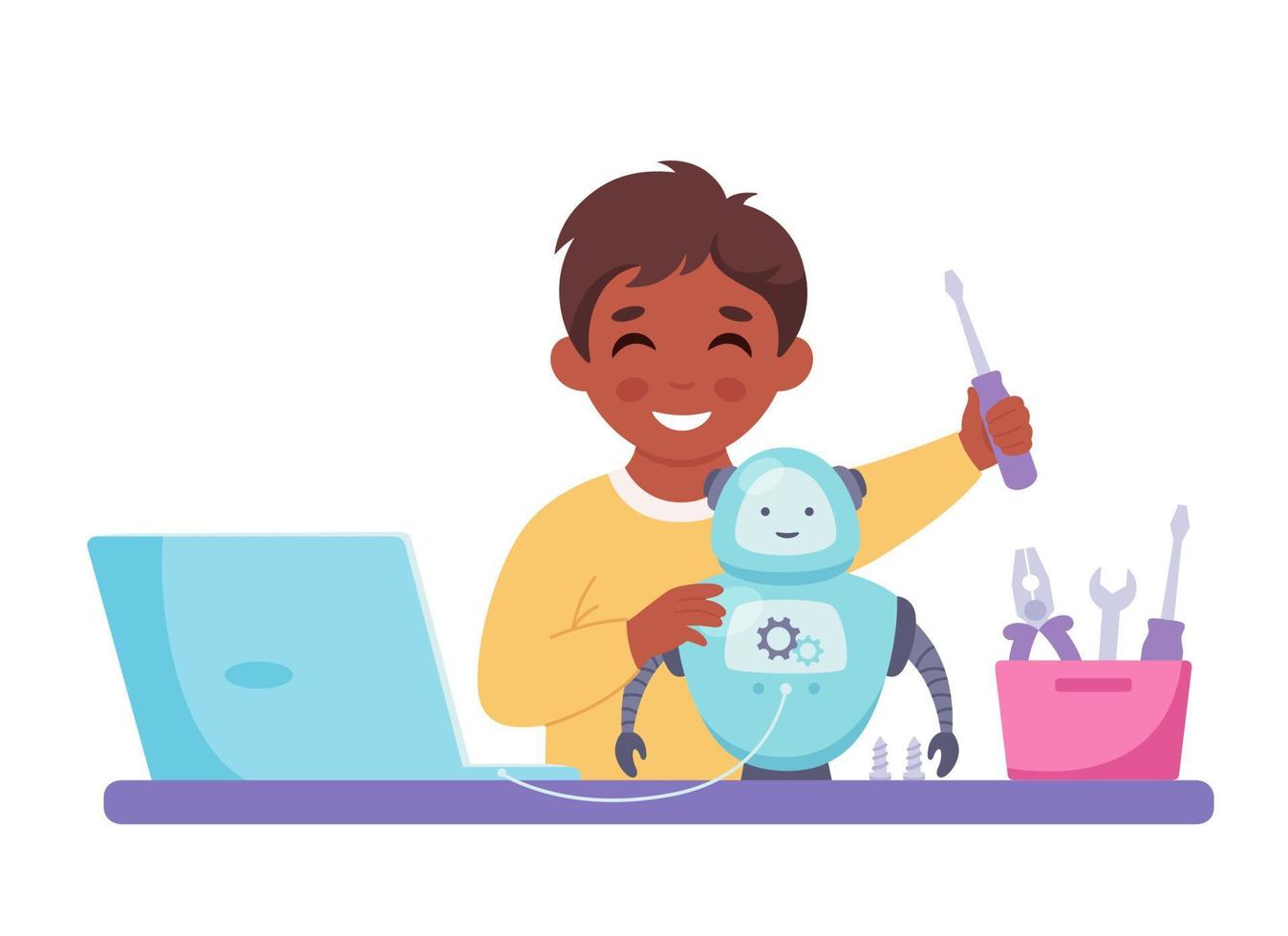kleine jongen die een robot maakt. robotica, programmeren en techniek voor kinderen vector