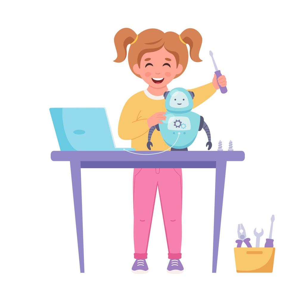 klein meisje dat een robot bouwt. robotica, programmeren en techniek voor kinderen. vector