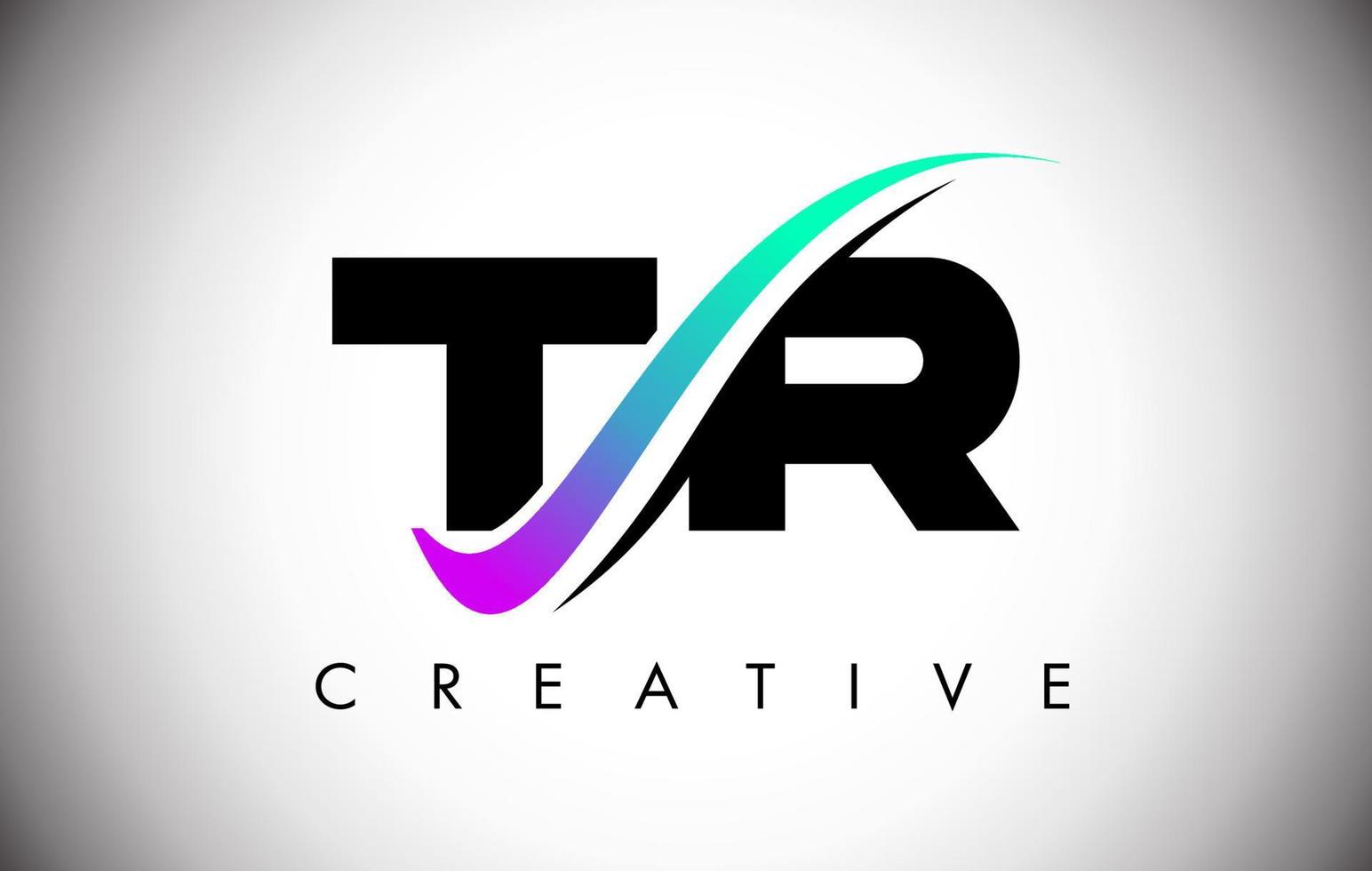tr-letterlogo met creatieve swoosh gebogen lijn en vet lettertype en levendige kleuren vector
