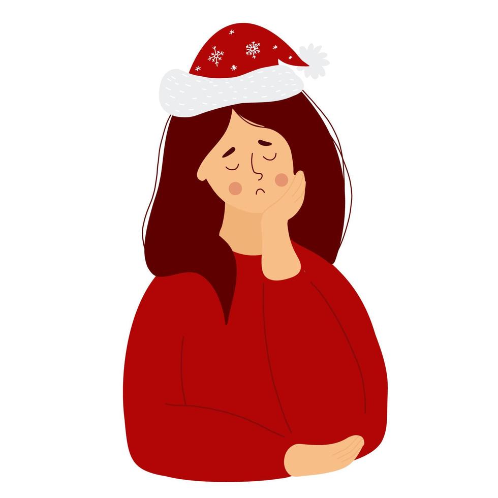 verdrietig meisje in kerstmuts. vectorillustratie. karakter voor het ontwerp van emotionele en eenzame kerstvakanties vector