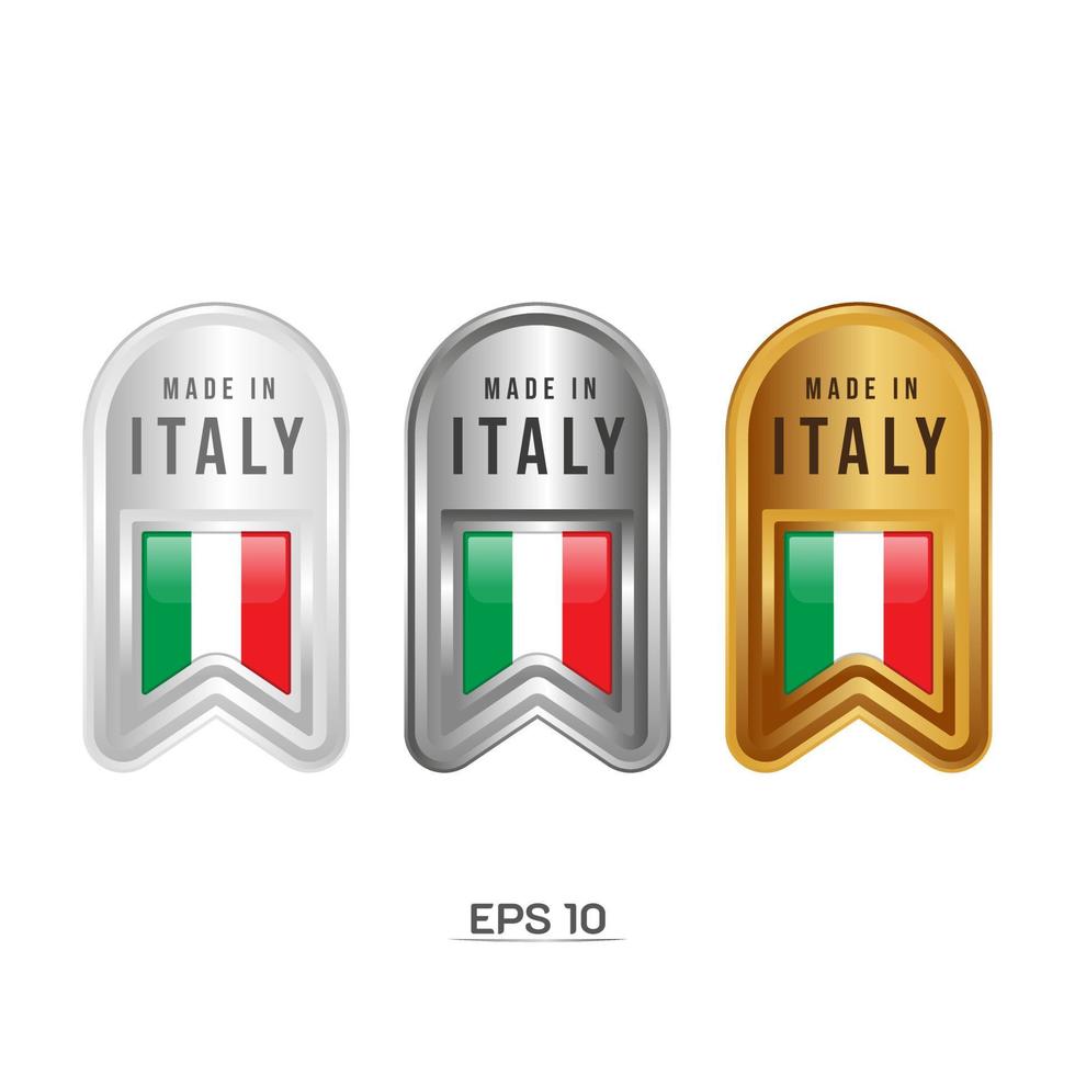 gemaakt in Italië label, stempel, badge of logo. met de nationale vlag van italië. op platina, goud en zilver kleuren. premium en luxe embleem vector