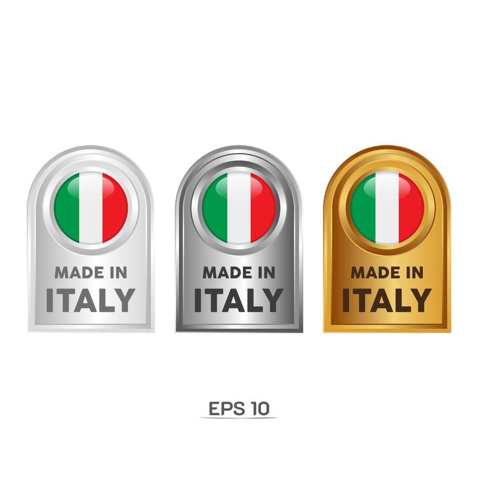 gemaakt in Italië label, stempel, badge of logo. met de nationale vlag van italië. op platina, goud en zilver kleuren. premium en luxe embleem vector