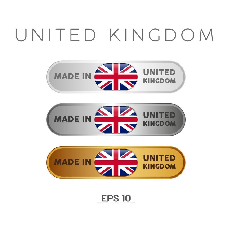 gemaakt in verenigd kindom label, stempel, badge of logo. met de nationale vlag van het VK, Groot-Brittannië, Brits. op platina, goud en zilver kleuren. premium en luxe embleem vector