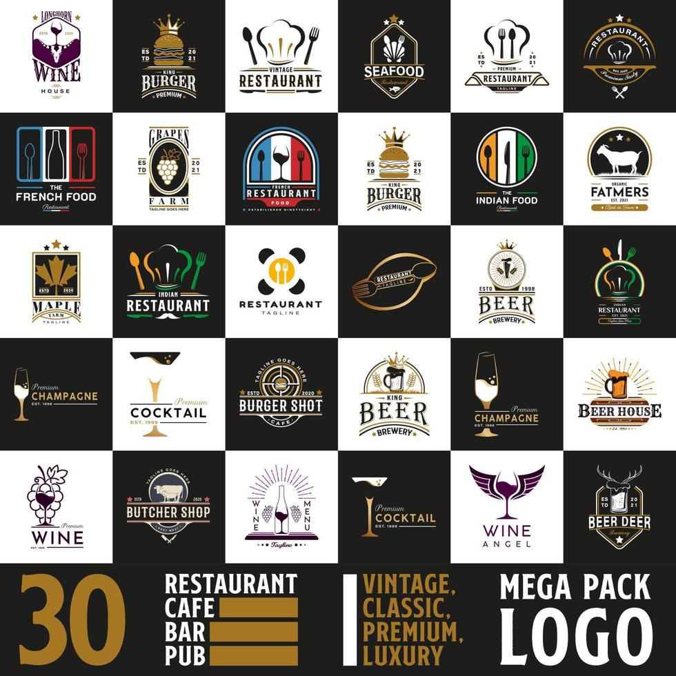 mega set en grote groep, restaurant, café, bar en pub logo-ontwerp. met klassieke, vintage, premium en luxe stijl vector