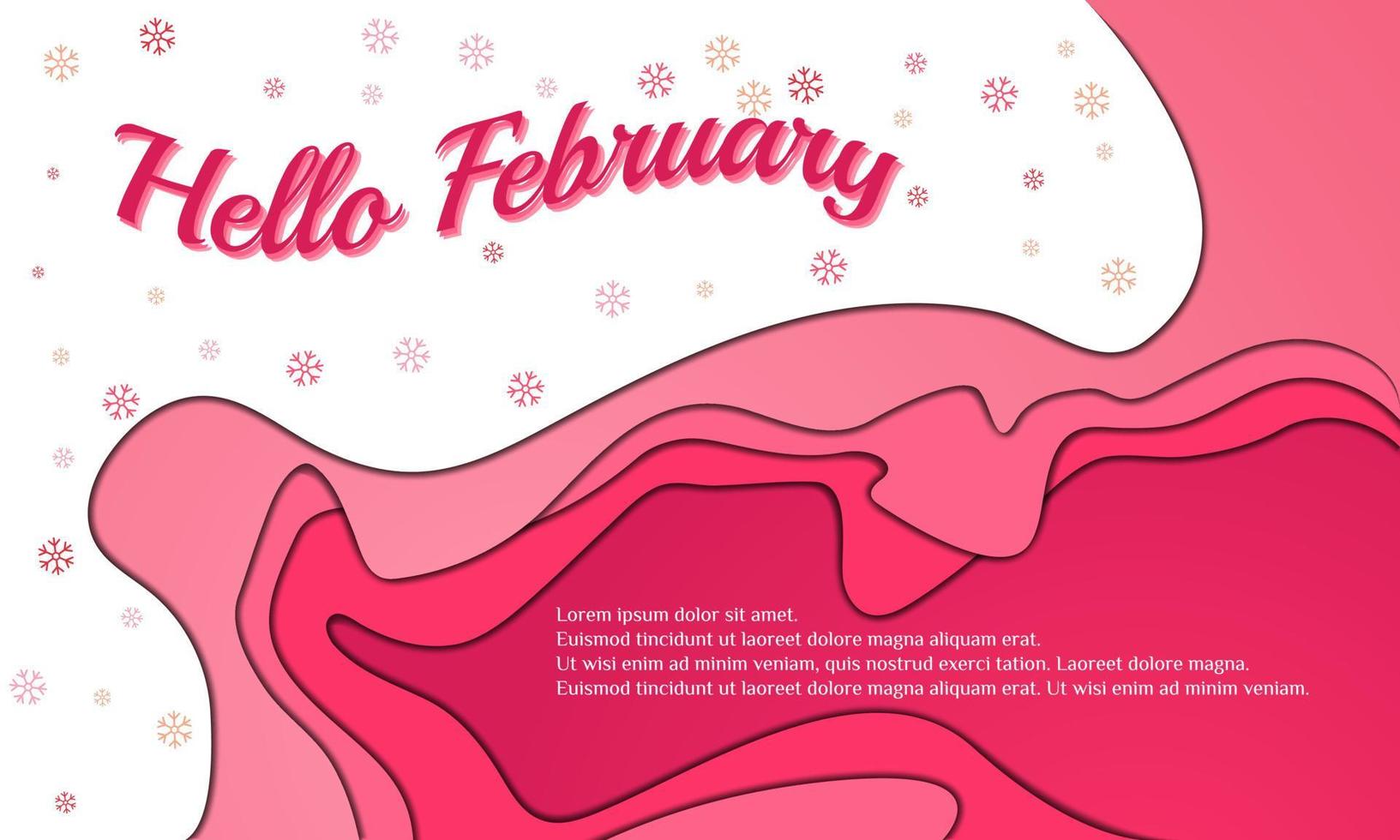 hallo februari achtergrond of wenskaart ontwerp. met roze en witte kleur. premium vectorsjabloon vector