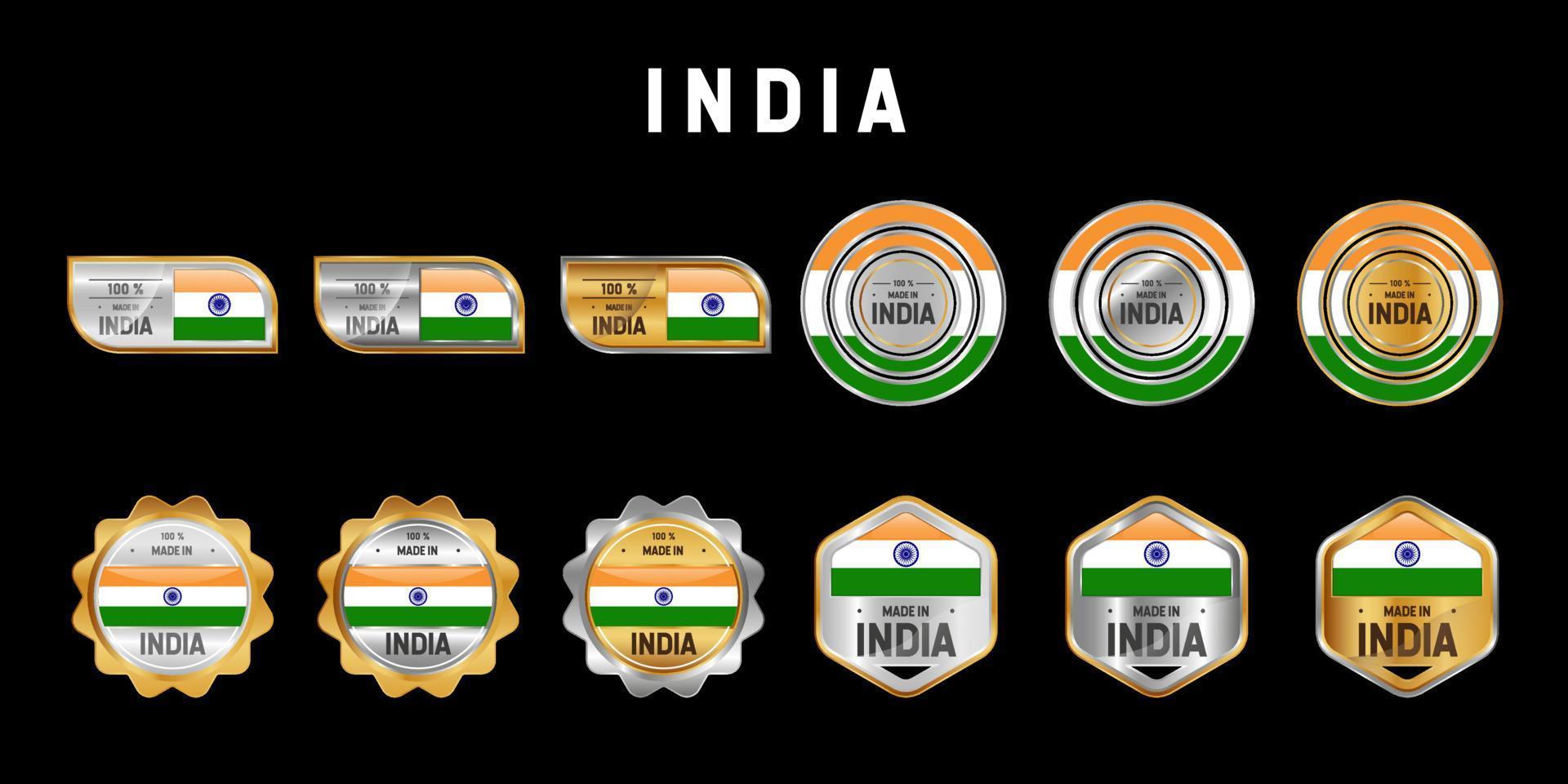 gemaakt in India label, stempel, badge of logo. met de nationale vlag van india. op platina, goud en zilver kleuren. premium en luxe embleem vector