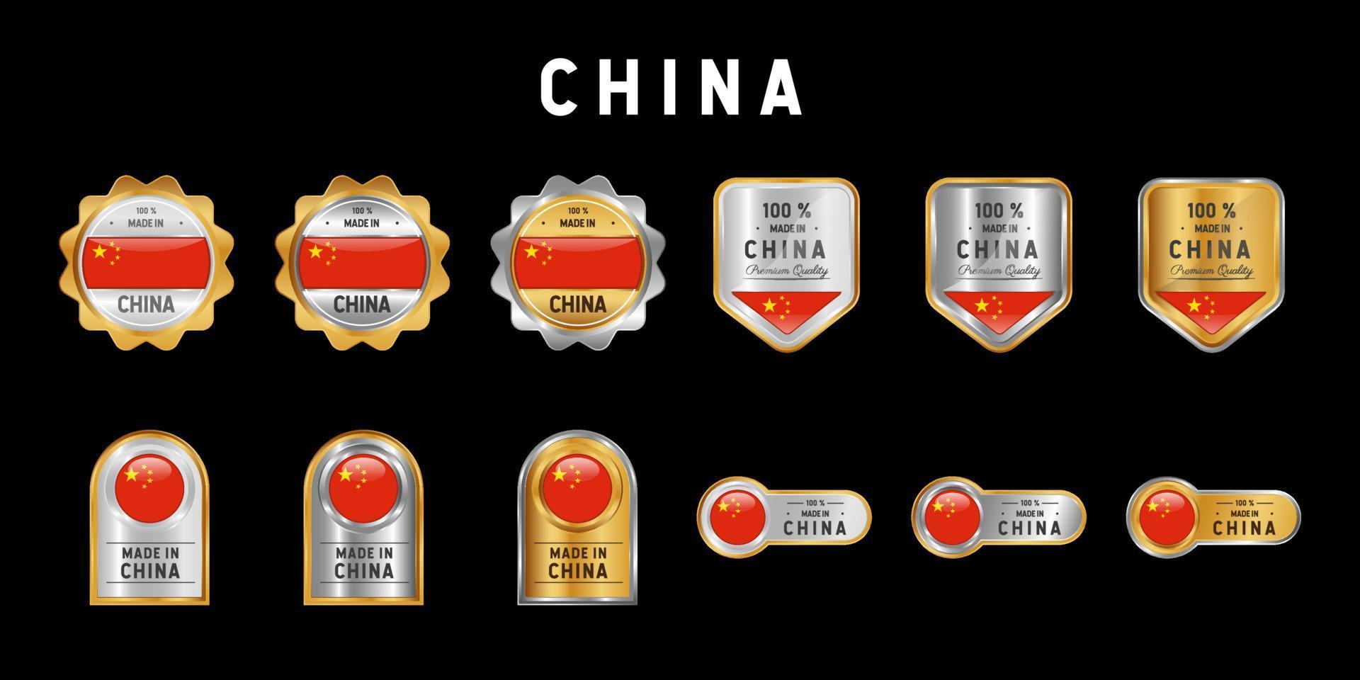 gemaakt in china label, stempel, badge of logo. met de nationale vlag van china. op platina, goud en zilver kleuren. premium en luxe embleem vector