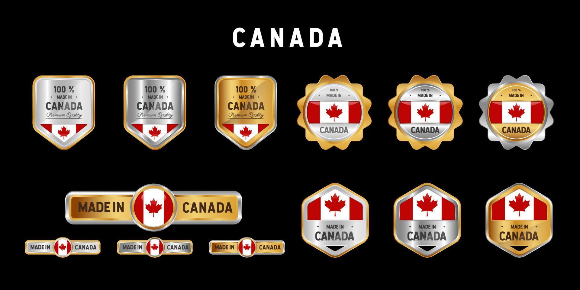 gemaakt in Canada label, stempel, badge of logo. met de nationale vlag van Canada. op platina, goud en zilver kleuren. premium en luxe embleem vector