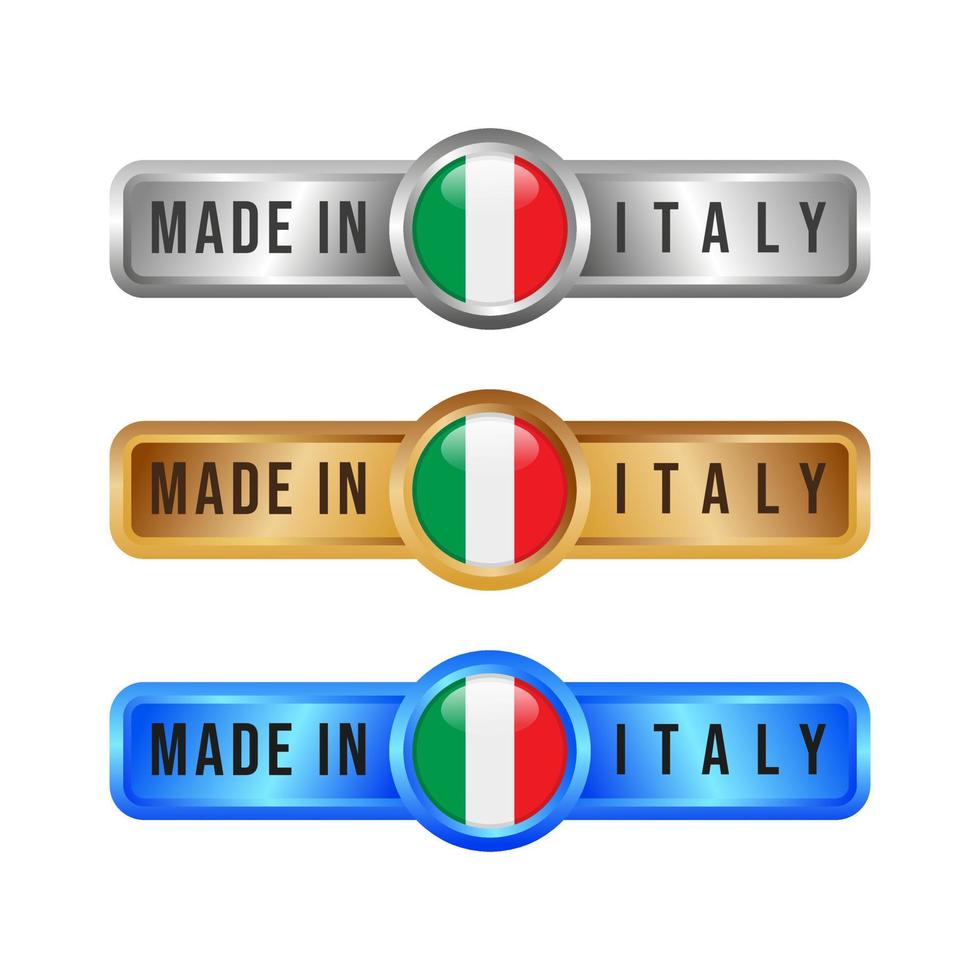gemaakt in Italië label, stempel, badge of logo. met de nationale vlag van italië. op platina, goud en zilver kleuren. premium en luxe embleem vector
