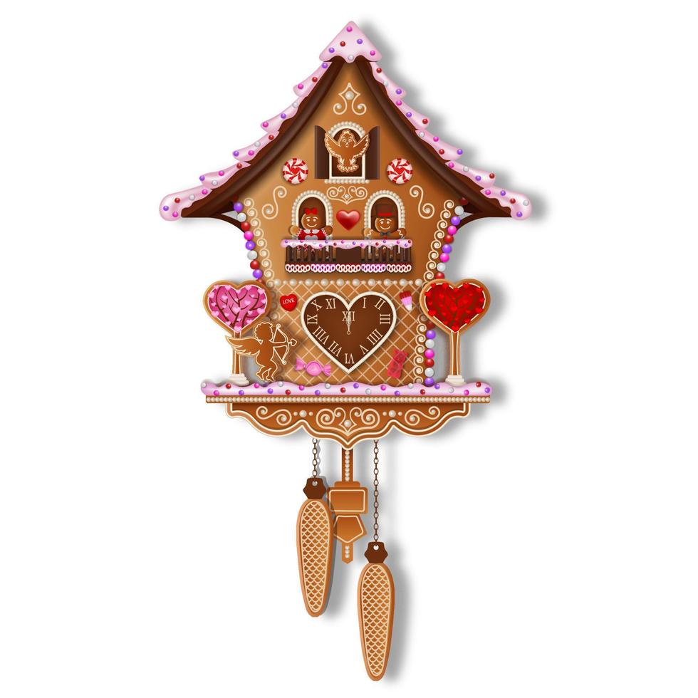 Valentijnsdag peperkoek koekoeksklok. romantische koekoeksklok met koekjes en snoep vector