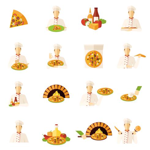 Pizza Makers plat pictogrammen instellen vector