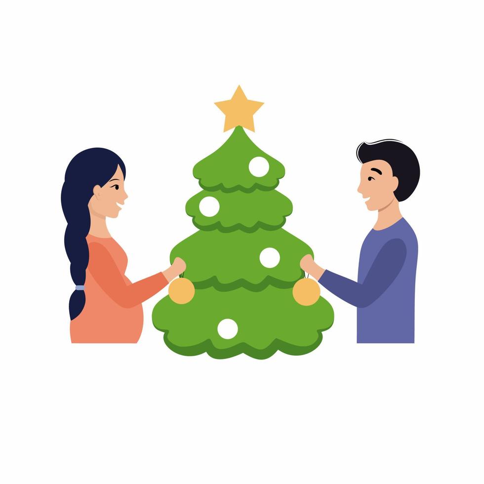 een man en een zwangere vrouw versieren een kerstboom. man en vrouw vieren het nieuwe jaar. vectorillustratie in vlakke stijl. vector