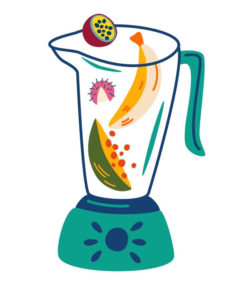 blender met fruit. tropisch fruit. banaan, lychee, papaya en passievrucht. smoothie recept. gezond vegetarisch eten. voor restaurant, menukaarten en receptenboeken. cartoon vectorillustratie. vector