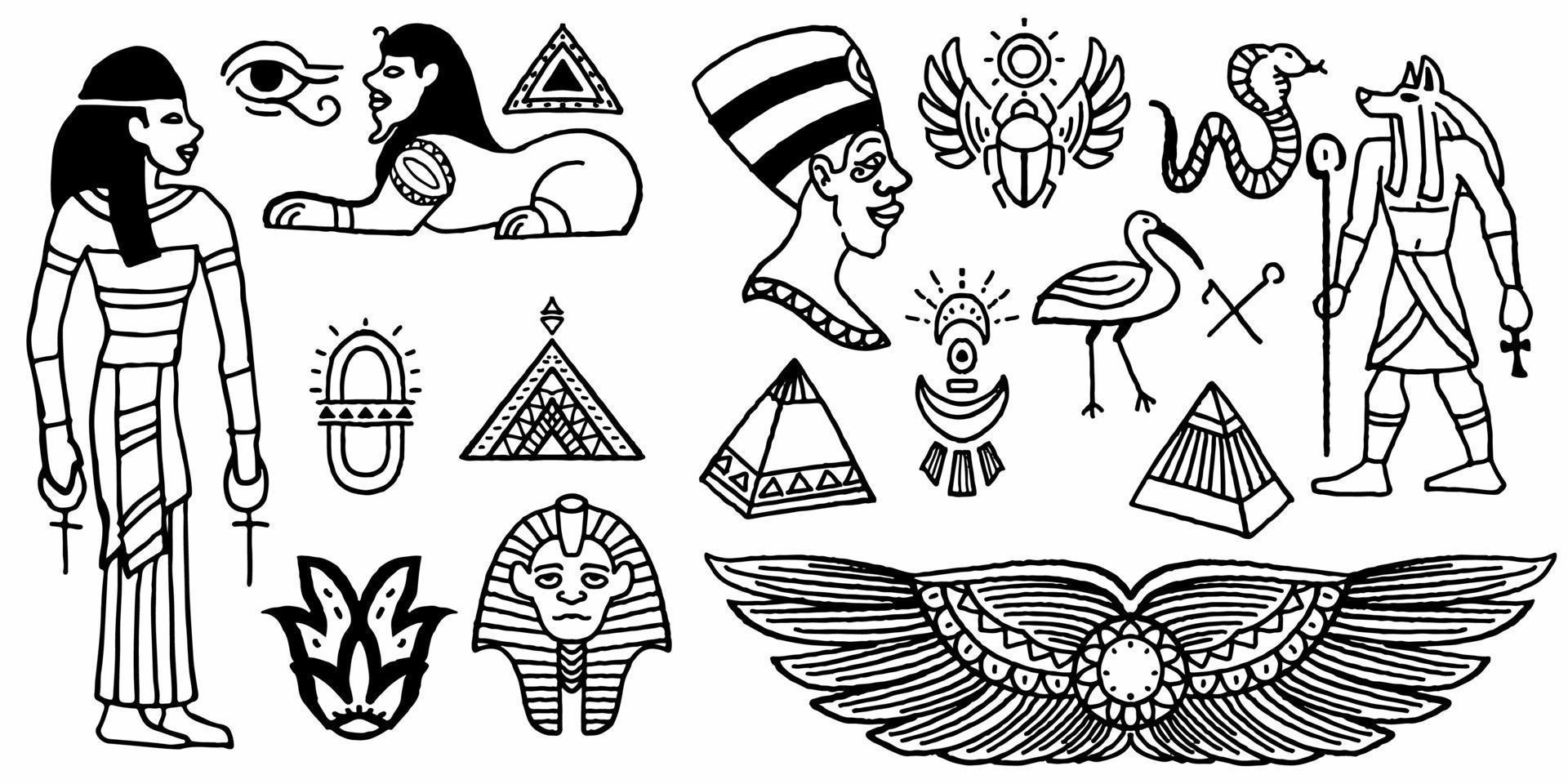 set van hand getrokken Egyptisch oud symbool geïsoleerd op een witte achtergrond vector