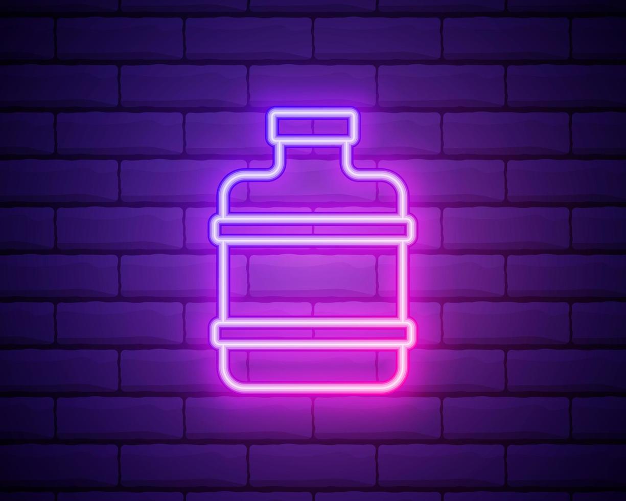 gloeiende neon grote fles met schoon water pictogram geïsoleerd op bakstenen muur achtergrond. plastic bak voor de koeler. vector