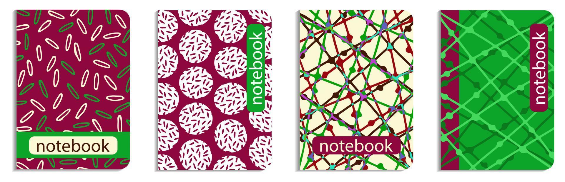 vier patroonomslag van notebook. set kleurrijke abstracte pagina a4 ontwerp voor dagboek, planner, boek. doodle hand getrokken, vectorillustratie. vector