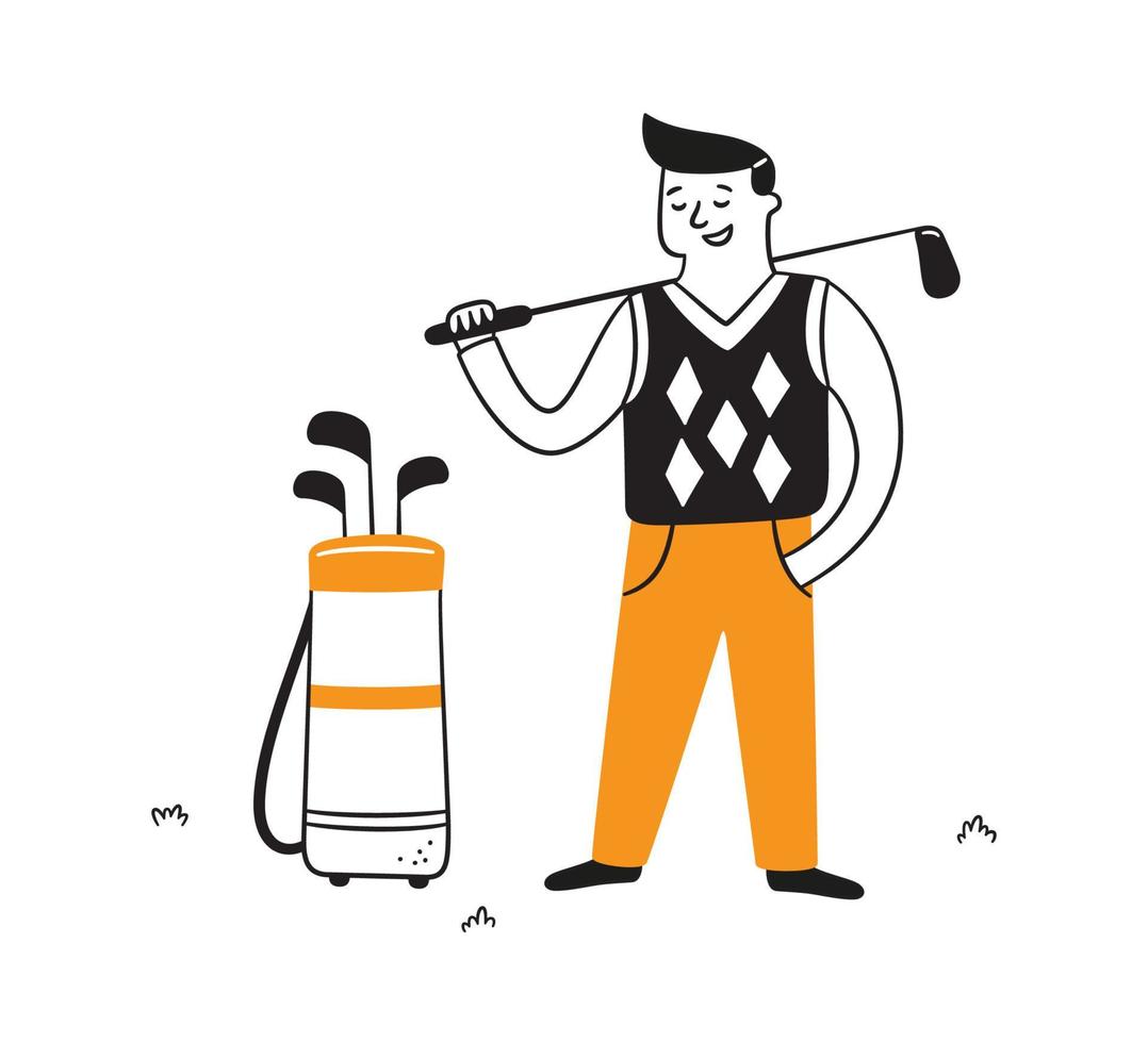 handgetekende golfspeler met club. golfers in doodle stijl. geïsoleerde vectorillustratie vector