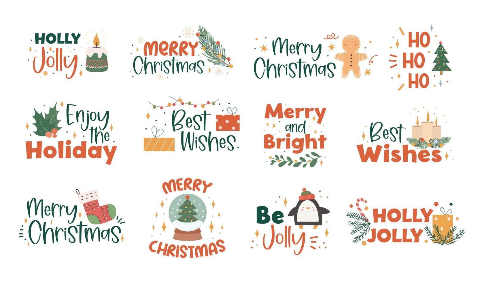 verzameling kerst handgeschreven letters met handgetekende kerstversieringen - hulstbladeren, lichte slinger, kaarsen, gebreide sokken en geschenken. feestelijke kleurrijke zinnen. vector