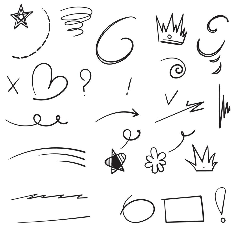 verzameling doodle swishes, swoops, nadruk doodles. markeer tekstelementen, kalligrafiewerveling, staart, bloem, hart, graffiti crown.vector vector