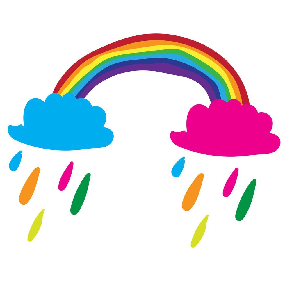 schattige doodle vector regenboog met regenachtige wolken