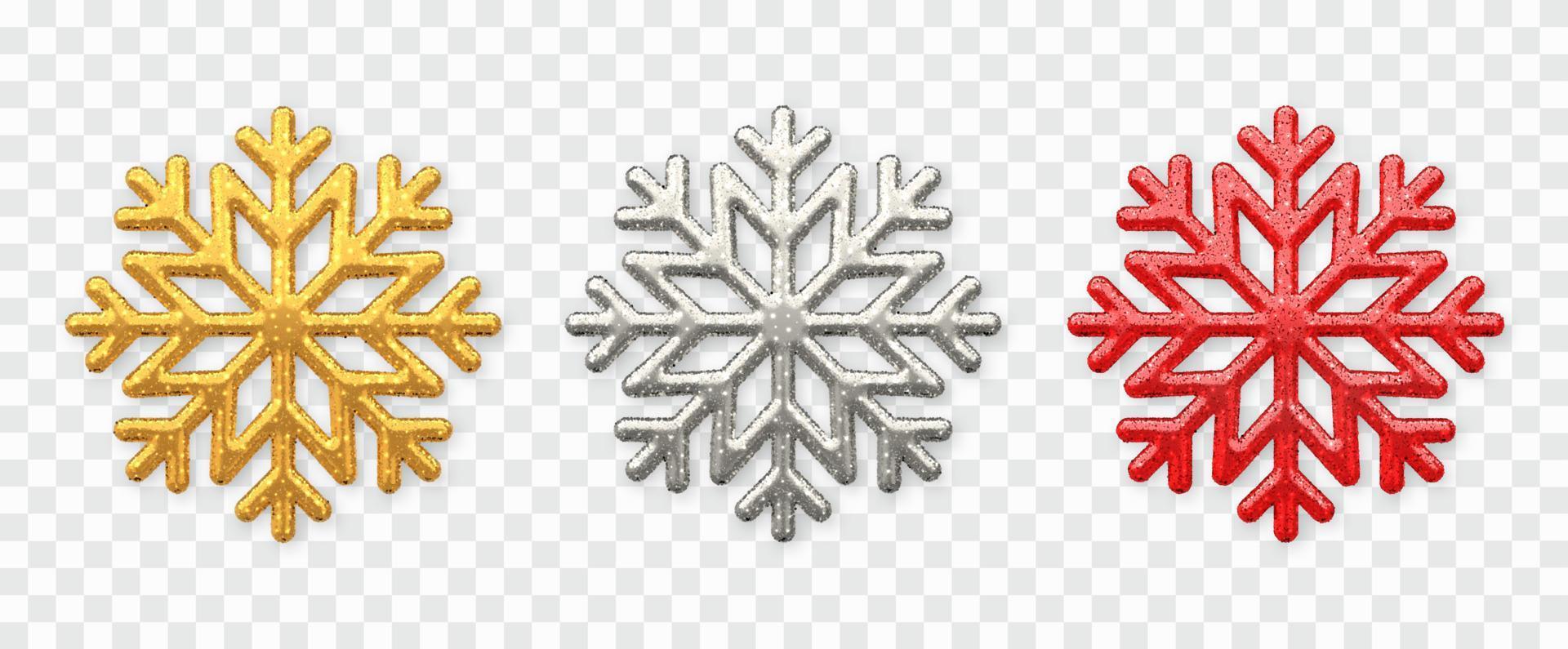 sneeuwvlokken instellen. sprankelende gouden, zilveren en rode sneeuwvlokken met glitter textuur geïsoleerd op transparante achtergrond. kerst decoratie. vectorillustratie. vector