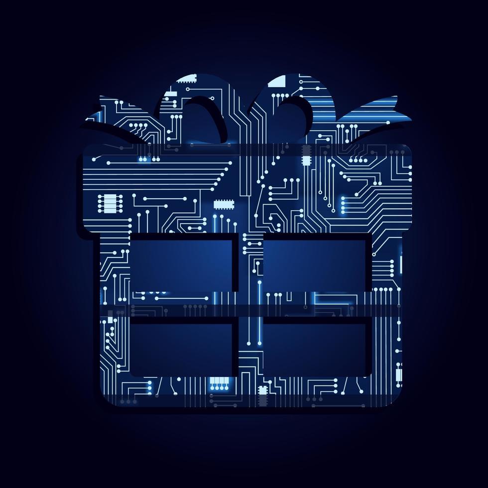 cadeausymbool met elektronische schakeling. blauwe en gradiëntachtergrond. online winkelen, slim en technologisch. vector