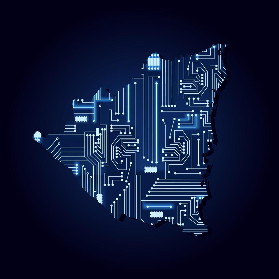 contourkaart van nicaragua met een technologisch elektronicacircuit. vector