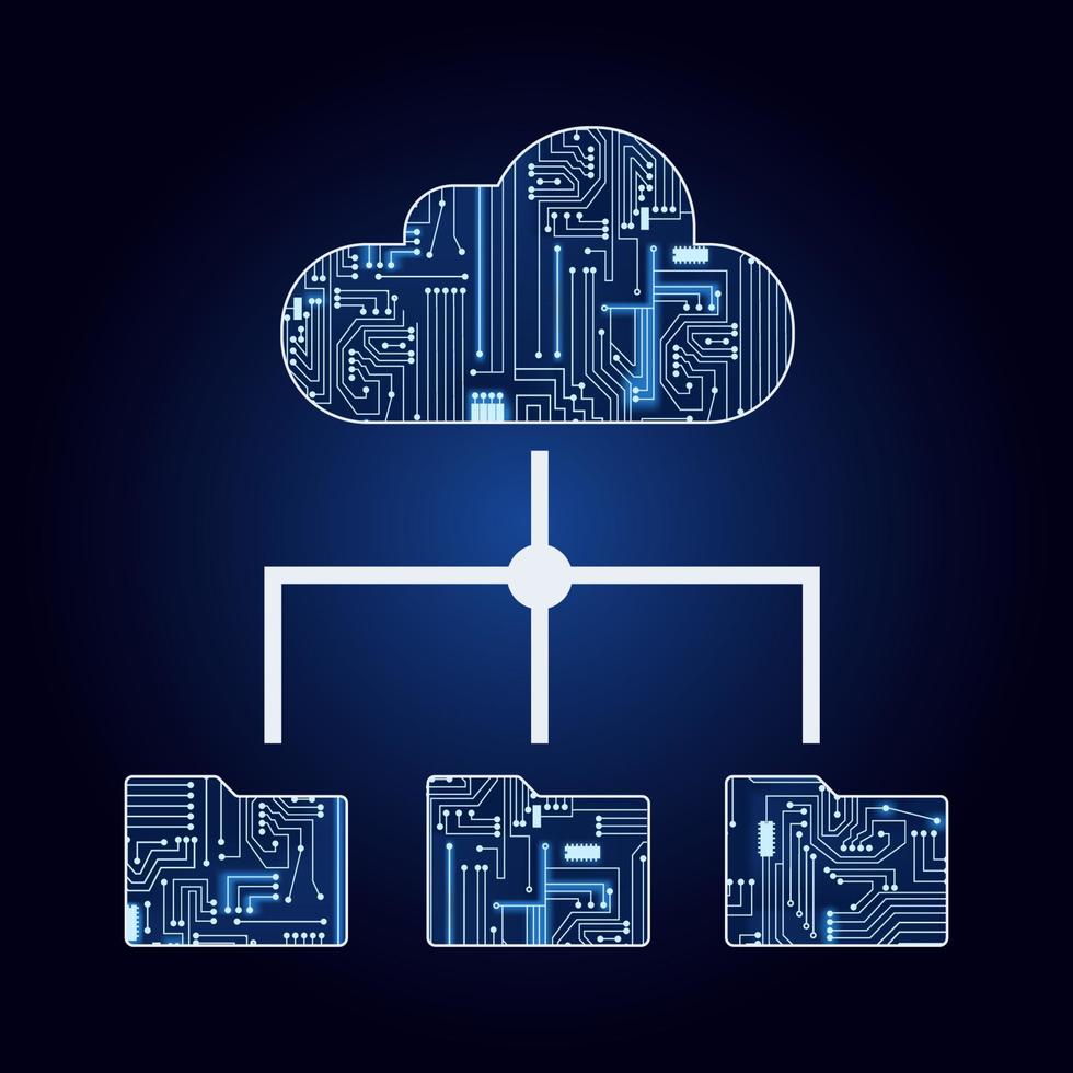 cloud en bestanden met elektronische schakeling. blauwe en gradiëntachtergrond. concept van uploaden of downloaden naar de cloud. cloud computing. vector