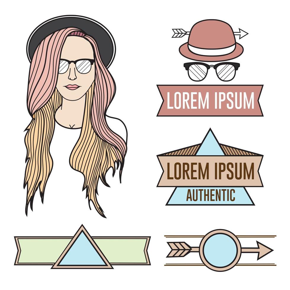 langharig mooi meisje en labels logo's hipster set vector