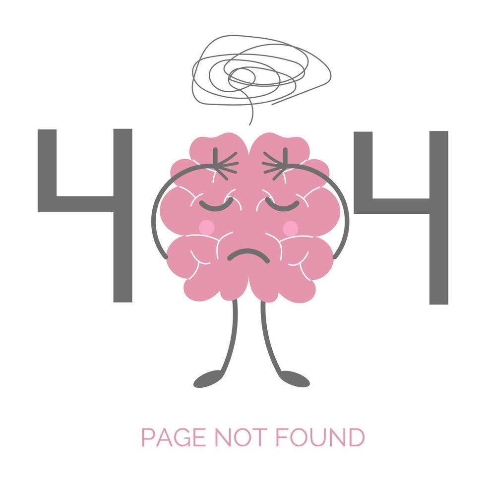 404-foutpagina niet gevonden. concept voor website met hersenen in stress. platte vectorillustratie geïsoleerd op een witte achtergrond vector