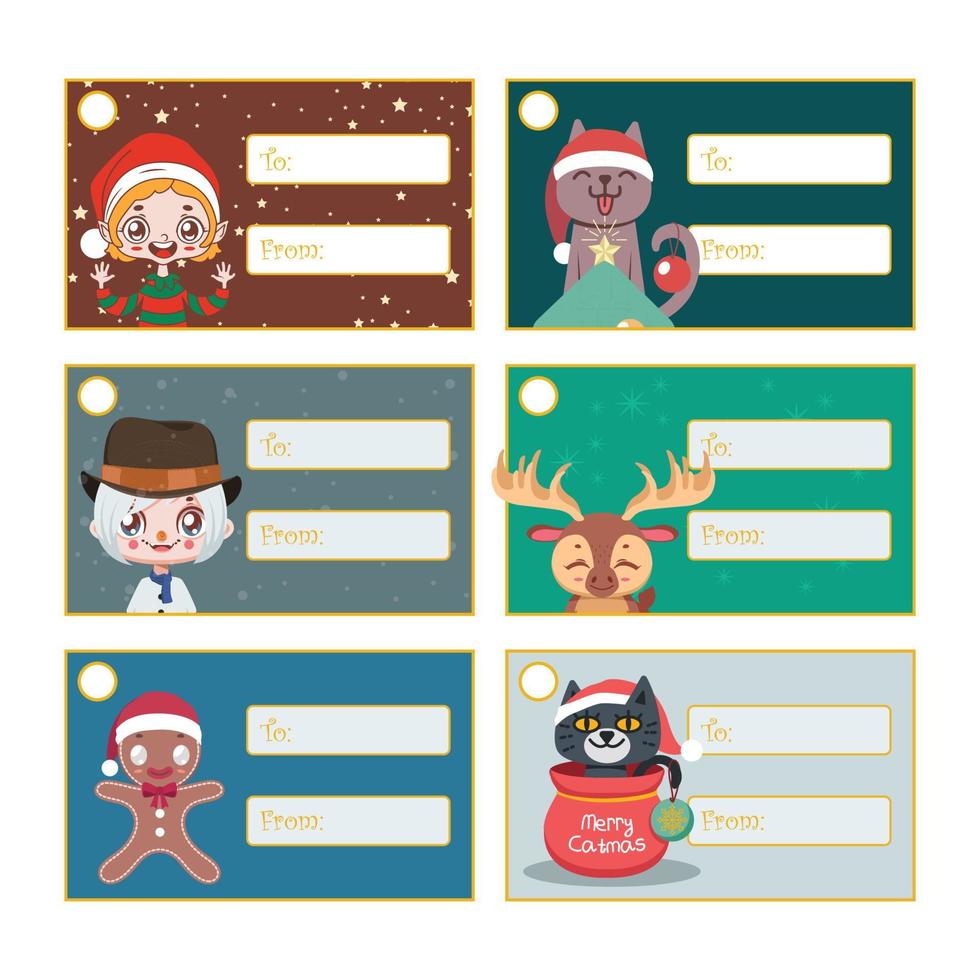 set van zes kerstcadeaulabels met verschillende feestelijke karakters vector