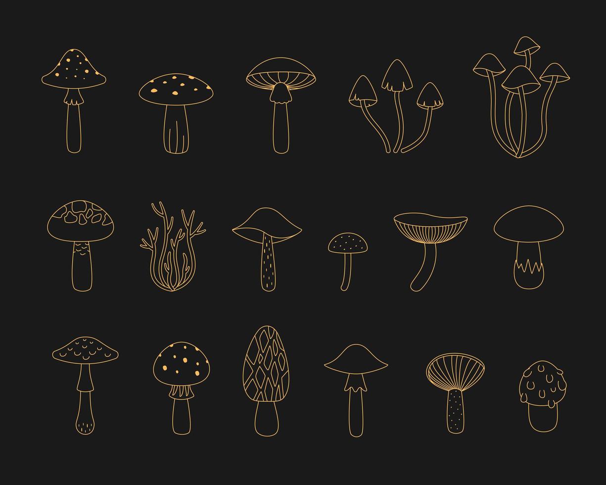 set overzicht gouden esoterische paddestoelen vector