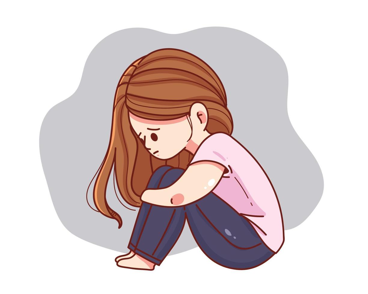 jonge vrouw die zich verdrietig voelt, moe en bezorgd lijdt aan depressie cartoon handgetekende cartoon kunst illustratie vector