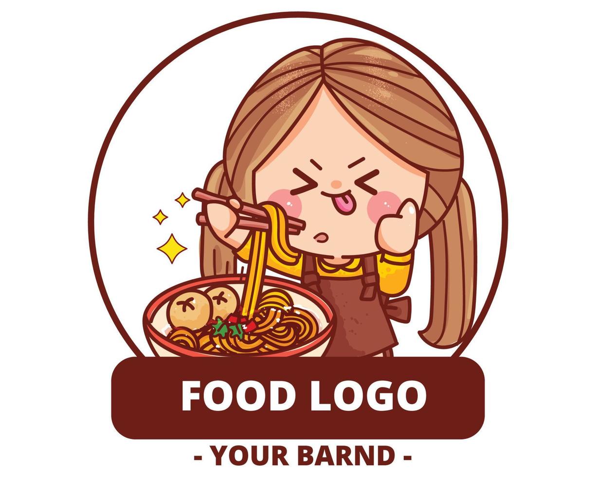 schattig meisje noedels eten logo handgetekende cartoon kunst illustratie vector