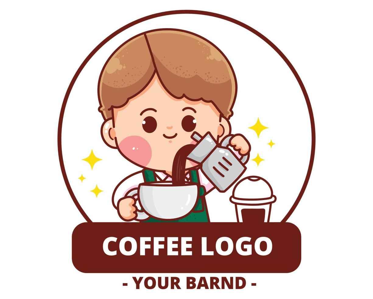 schattige jongen coffeeshop logo handgetekende cartoon kunst illustratie vector
