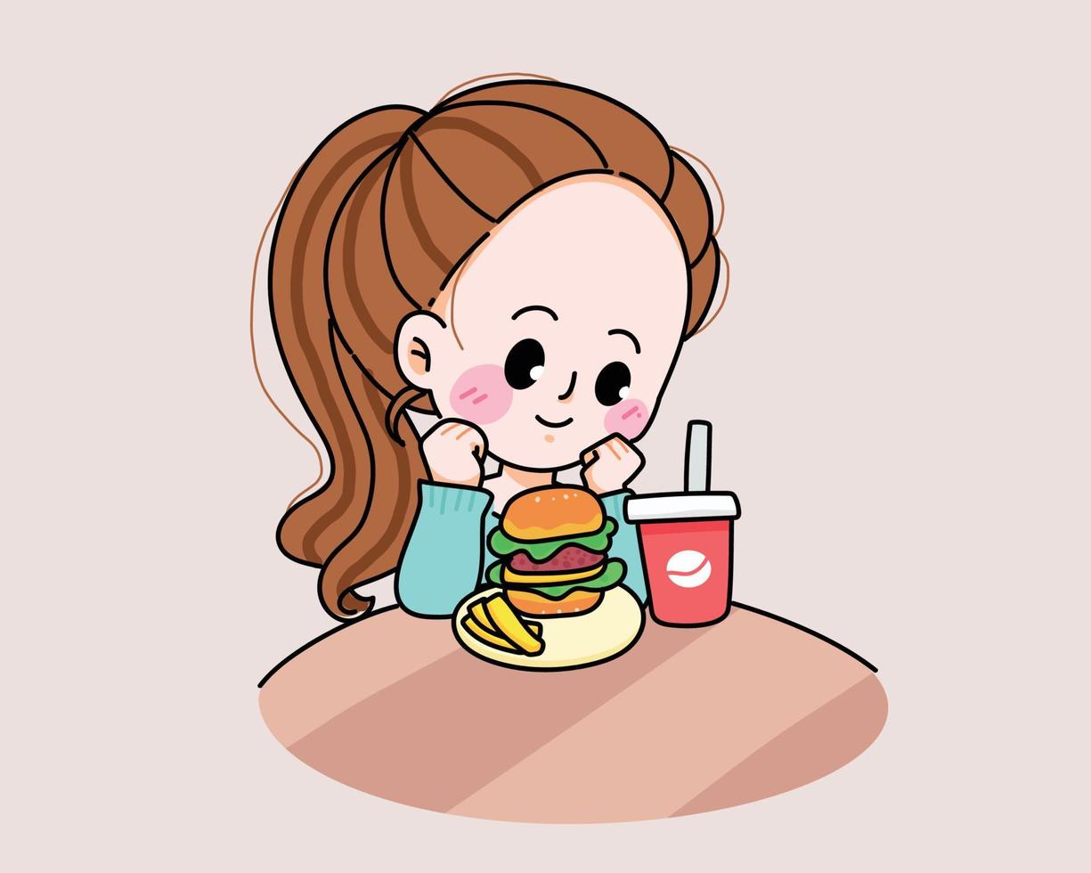 jonge vrouw die ongezond of junkfood eet concept cartoon handgetekende cartoon kunst illustratie vector